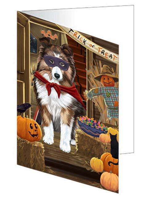 Enter at Own Risk Trick or Treat Halloween Shetland Sheepdog Handmade Artwork Assorted Pets Greeting Cards and Note Cards with Envelopes for All Occasions and Holiday Seasons GCD63869