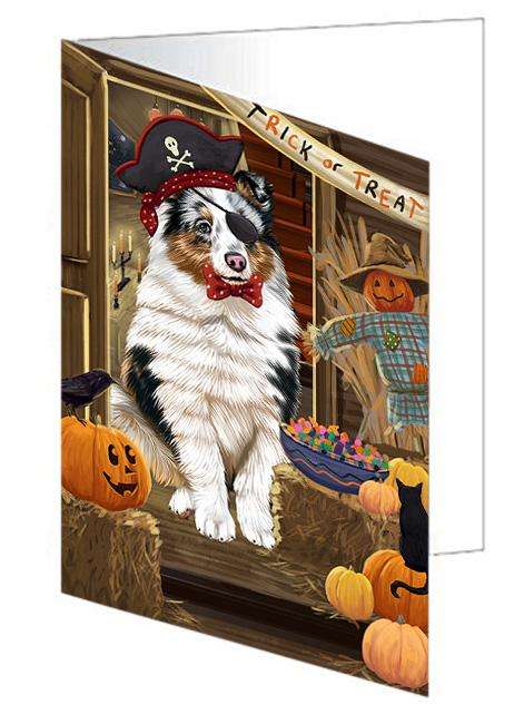 Enter at Own Risk Trick or Treat Halloween Shetland Sheepdog Handmade Artwork Assorted Pets Greeting Cards and Note Cards with Envelopes for All Occasions and Holiday Seasons GCD63872