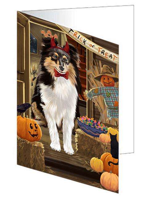 Enter at Own Risk Trick or Treat Halloween Shetland Sheepdog Handmade Artwork Assorted Pets Greeting Cards and Note Cards with Envelopes for All Occasions and Holiday Seasons GCD63875