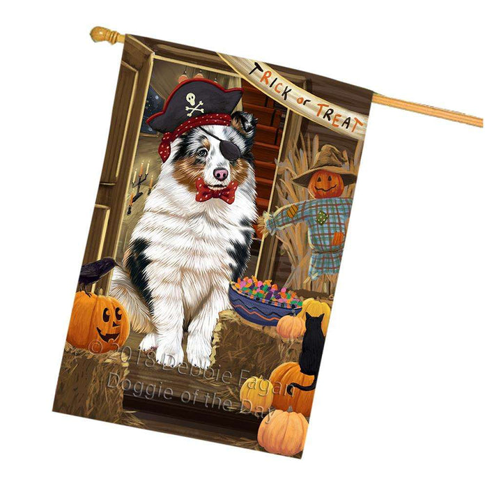 Enter at Own Risk Trick or Treat Halloween Shetland Sheepdog House Flag FLG53479