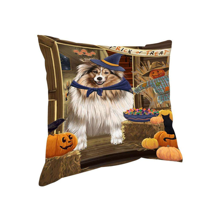 Enter at Own Risk Trick or Treat Halloween Shetland Sheepdog Pillow PIL69740