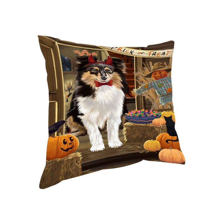 Enter at Own Risk Trick or Treat Halloween Shetland Sheepdog Pillow PIL69752