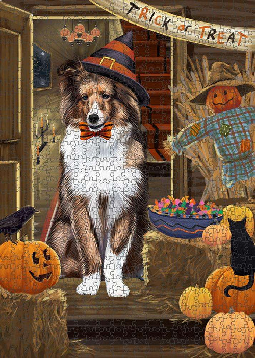 Enter at Own Risk Trick or Treat Halloween Shetland Sheepdog Puzzle with Photo Tin PUZL80288