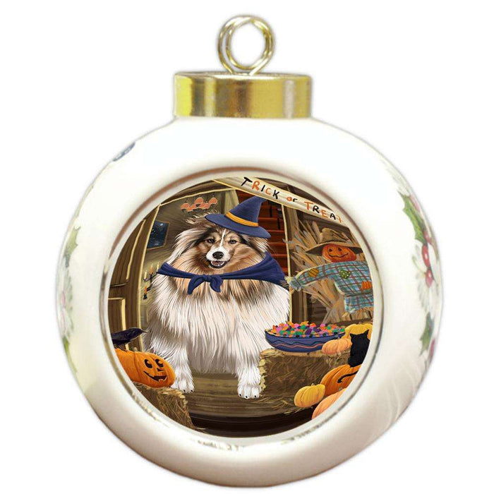 Enter at Own Risk Trick or Treat Halloween Shetland Sheepdog Round Ball Christmas Ornament RBPOR53279