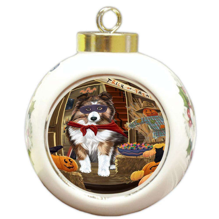 Enter at Own Risk Trick or Treat Halloween Shetland Sheepdog Round Ball Christmas Ornament RBPOR53280