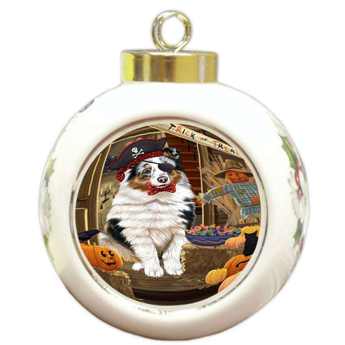 Enter at Own Risk Trick or Treat Halloween Shetland Sheepdog Round Ball Christmas Ornament RBPOR53281