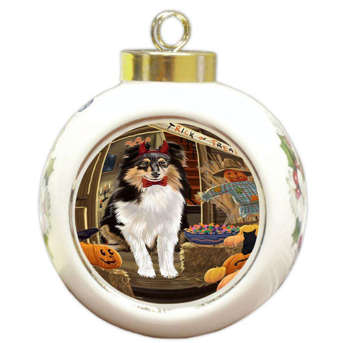 Enter at Own Risk Trick or Treat Halloween Shetland Sheepdog Round Ball Christmas Ornament RBPOR53282