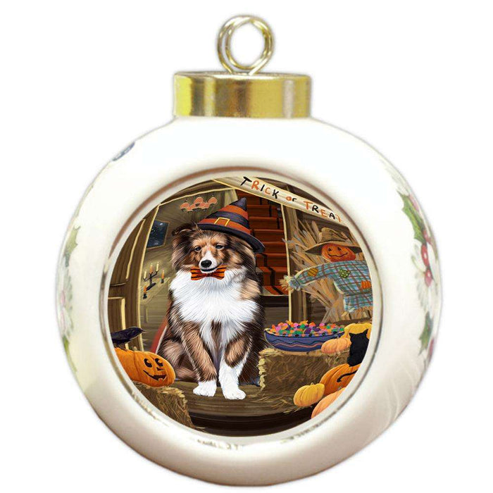 Enter at Own Risk Trick or Treat Halloween Shetland Sheepdog Round Ball Christmas Ornament RBPOR53283