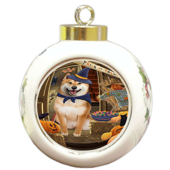 Enter at Own Risk Trick or Treat Halloween Shiba Inu Dog Round Ball Christmas Ornament RBPOR53284