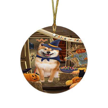 Enter at Own Risk Trick or Treat Halloween Shiba Inu Dog Round Flat Christmas Ornament RFPOR53275