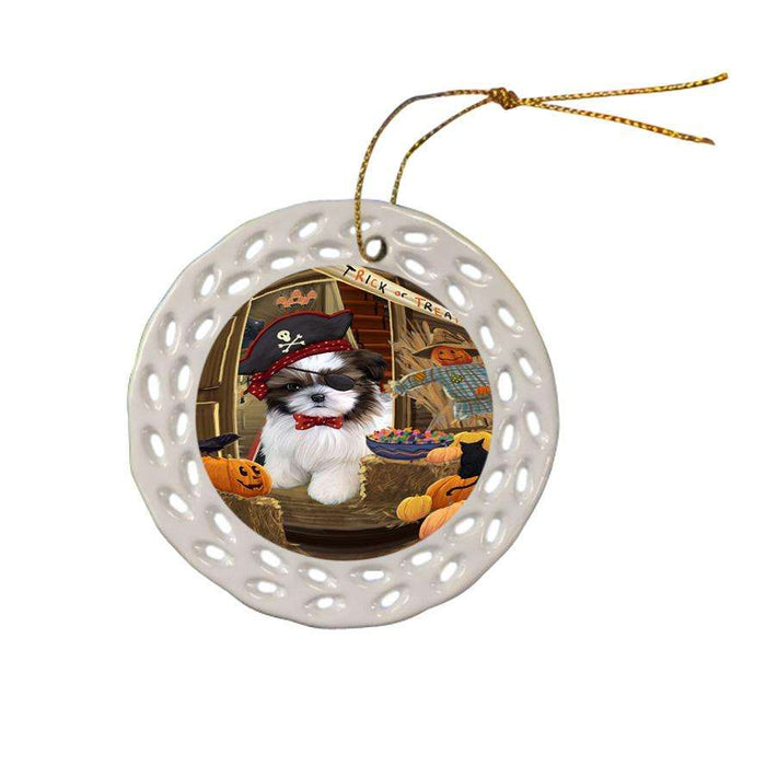 Enter at Own Risk Trick or Treat Halloween Shih Tzu Dog Ceramic Doily Ornament DPOR53291