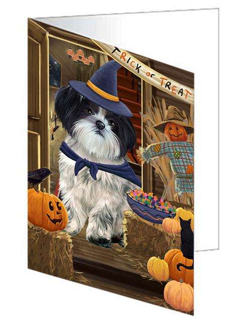 Enter at Own Risk Trick or Treat Halloween Shih Tzu Dog Handmade Artwork Assorted Pets Greeting Cards and Note Cards with Envelopes for All Occasions and Holiday Seasons GCD63896