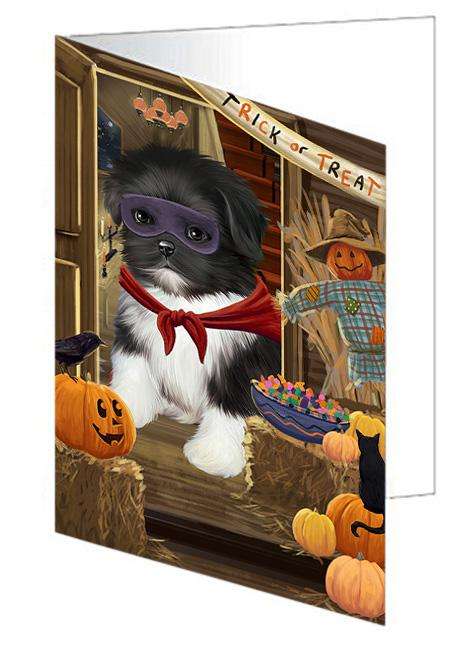 Enter at Own Risk Trick or Treat Halloween Shih Tzu Dog Handmade Artwork Assorted Pets Greeting Cards and Note Cards with Envelopes for All Occasions and Holiday Seasons GCD63899