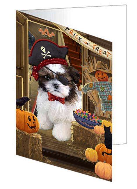 Enter at Own Risk Trick or Treat Halloween Shih Tzu Dog Handmade Artwork Assorted Pets Greeting Cards and Note Cards with Envelopes for All Occasions and Holiday Seasons GCD63902