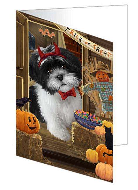Enter at Own Risk Trick or Treat Halloween Shih Tzu Dog Handmade Artwork Assorted Pets Greeting Cards and Note Cards with Envelopes for All Occasions and Holiday Seasons GCD63905