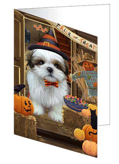Enter at Own Risk Trick or Treat Halloween Shih Tzu Dog Handmade Artwork Assorted Pets Greeting Cards and Note Cards with Envelopes for All Occasions and Holiday Seasons GCD63908