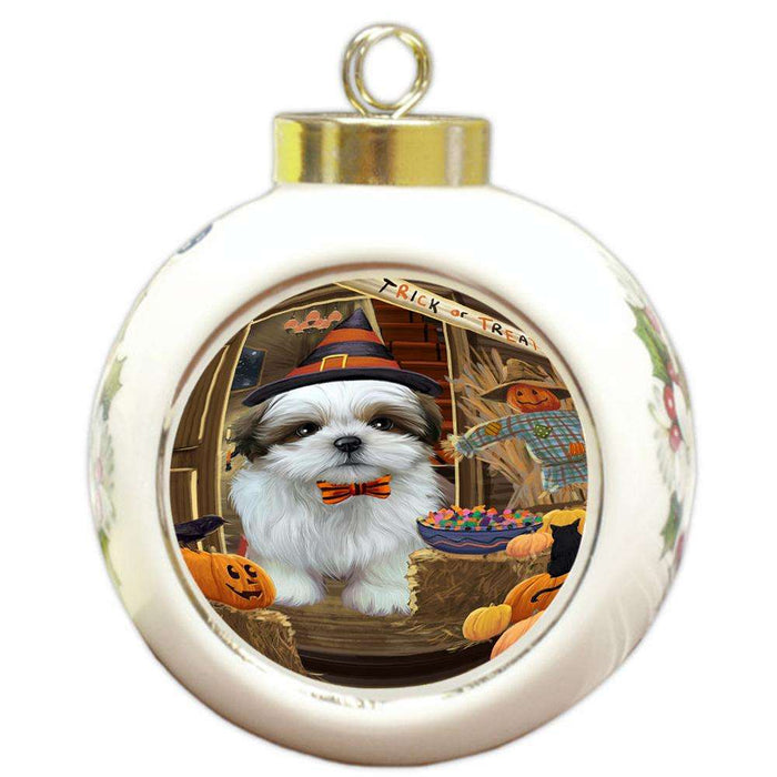 Enter at Own Risk Trick or Treat Halloween Shih Tzu Dog Round Ball Christmas Ornament RBPOR53293