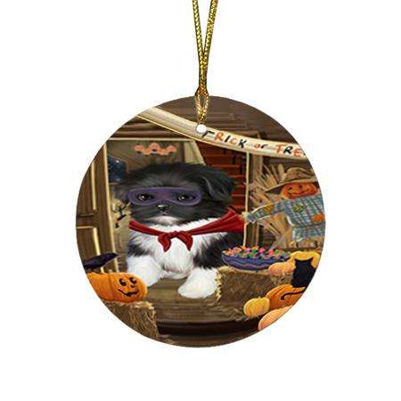 Enter at Own Risk Trick or Treat Halloween Shih Tzu Dog Round Flat Christmas Ornament RFPOR53281