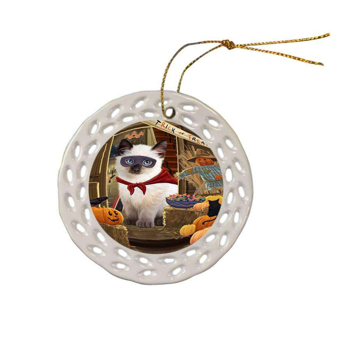 Enter at Own Risk Trick or Treat Halloween Siamese Cat Dog Ceramic Doily Ornament DPOR53295