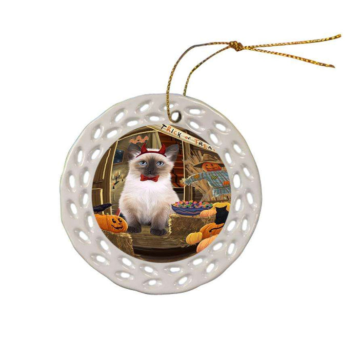 Enter at Own Risk Trick or Treat Halloween Siamese Cat Dog Ceramic Doily Ornament DPOR53297