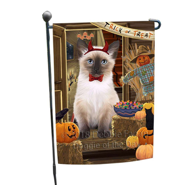 Enter at Own Risk Trick or Treat Halloween Siamese Cat Dog Garden Flag GFLG53359