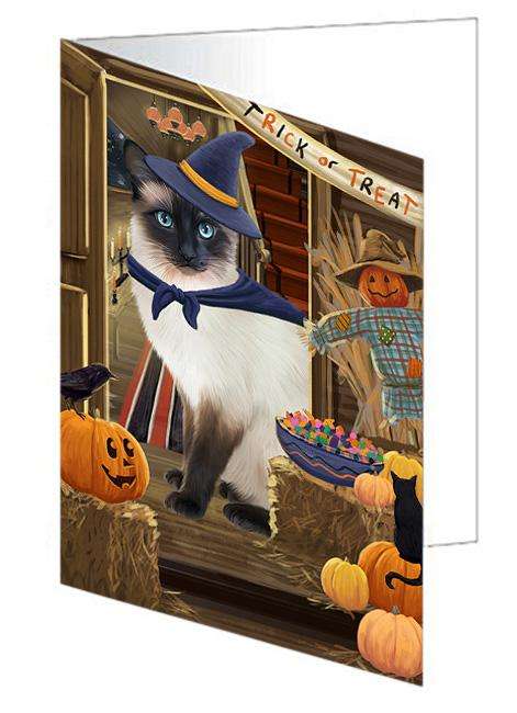 Enter at Own Risk Trick or Treat Halloween Siamese Cat Dog Handmade Artwork Assorted Pets Greeting Cards and Note Cards with Envelopes for All Occasions and Holiday Seasons GCD63911