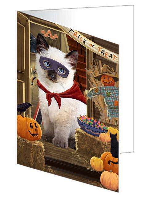 Enter at Own Risk Trick or Treat Halloween Siamese Cat Dog Handmade Artwork Assorted Pets Greeting Cards and Note Cards with Envelopes for All Occasions and Holiday Seasons GCD63914