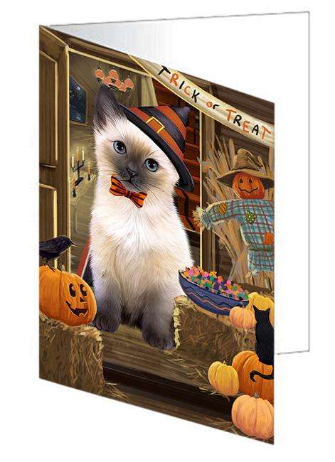 Enter at Own Risk Trick or Treat Halloween Siamese Cat Dog Handmade Artwork Assorted Pets Greeting Cards and Note Cards with Envelopes for All Occasions and Holiday Seasons GCD63923