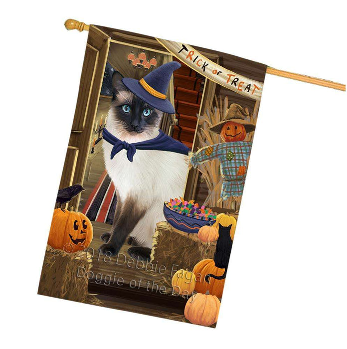 Enter at Own Risk Trick or Treat Halloween Siamese Cat Dog House Flag FLG53492