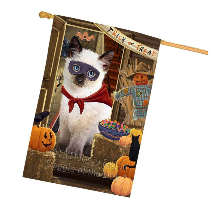 Enter at Own Risk Trick or Treat Halloween Siamese Cat Dog House Flag FLG53493