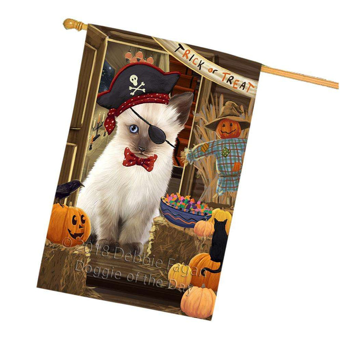 Enter at Own Risk Trick or Treat Halloween Siamese Cat Dog House Flag FLG53494