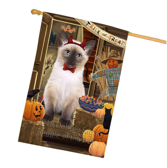 Enter at Own Risk Trick or Treat Halloween Siamese Cat Dog House Flag FLG53495