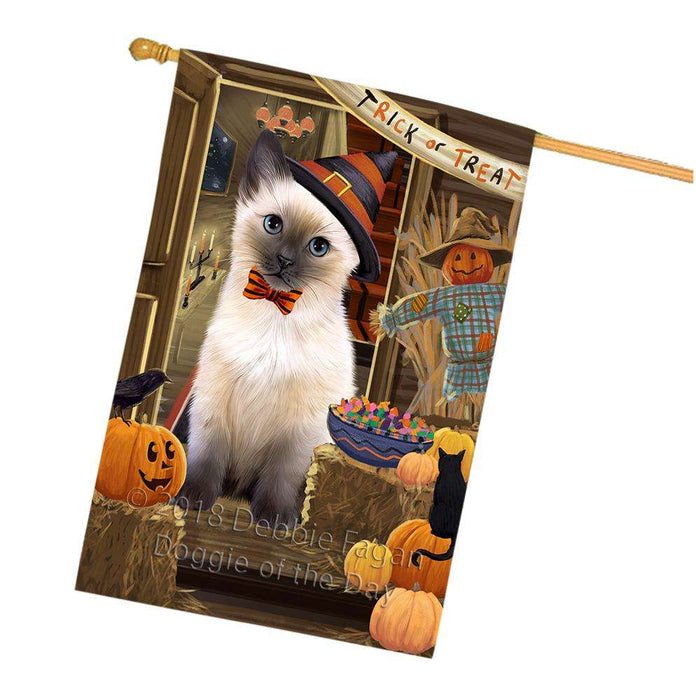 Enter at Own Risk Trick or Treat Halloween Siamese Cat Dog House Flag FLG53496