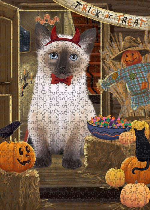 Enter at Own Risk Trick or Treat Halloween Siamese Cat Dog Puzzle with Photo Tin PUZL80344