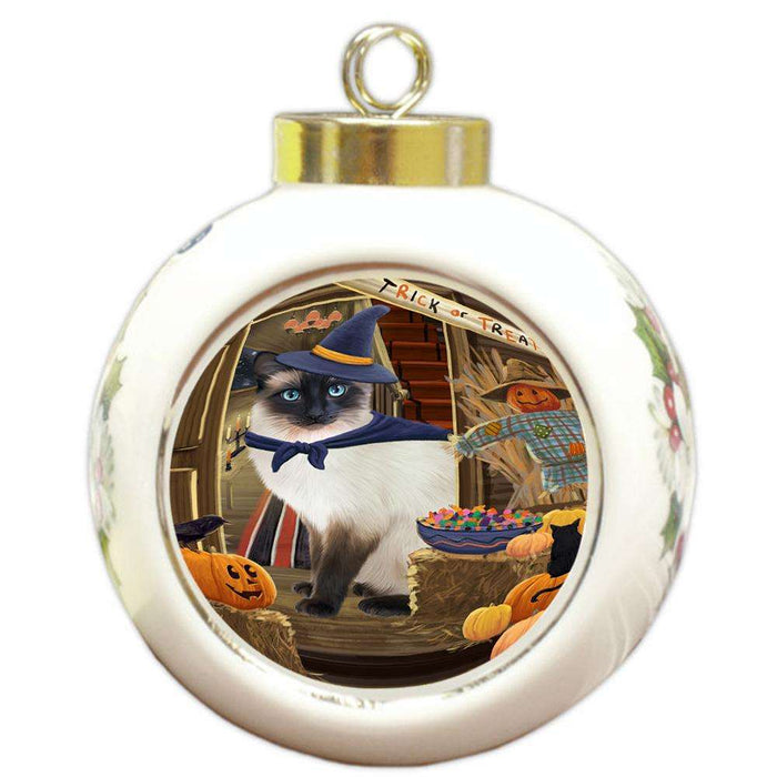 Enter at Own Risk Trick or Treat Halloween Siamese Cat Dog Round Ball Christmas Ornament RBPOR53294