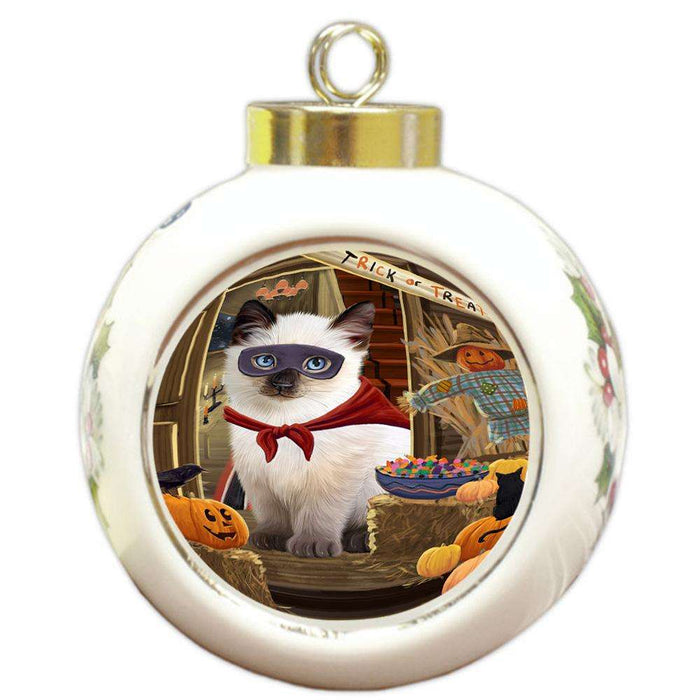 Enter at Own Risk Trick or Treat Halloween Siamese Cat Dog Round Ball Christmas Ornament RBPOR53295