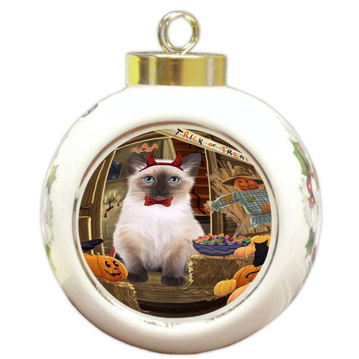 Enter at Own Risk Trick or Treat Halloween Siamese Cat Dog Round Ball Christmas Ornament RBPOR53297