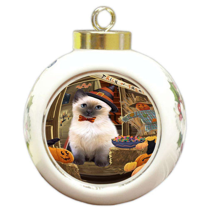 Enter at Own Risk Trick or Treat Halloween Siamese Cat Dog Round Ball Christmas Ornament RBPOR53298