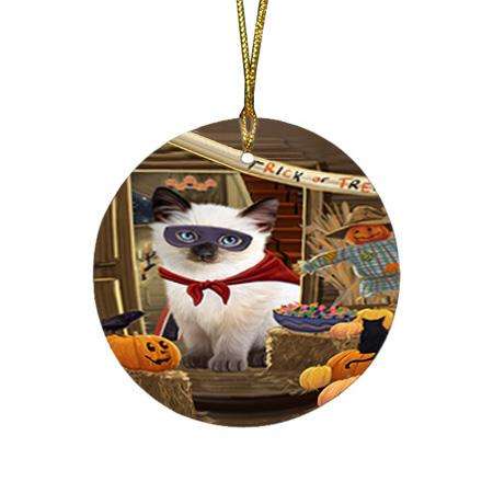 Enter at Own Risk Trick or Treat Halloween Siamese Cat Dog Round Flat Christmas Ornament RFPOR53286