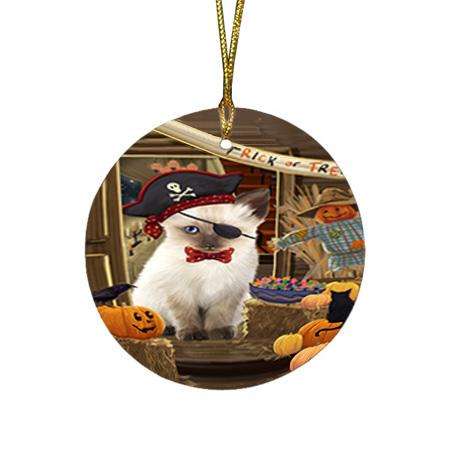 Enter at Own Risk Trick or Treat Halloween Siamese Cat Dog Round Flat Christmas Ornament RFPOR53287