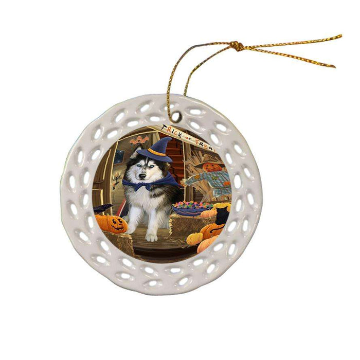 Enter at Own Risk Trick or Treat Halloween Siberian Huskie Dog Ceramic Doily Ornament DPOR53299