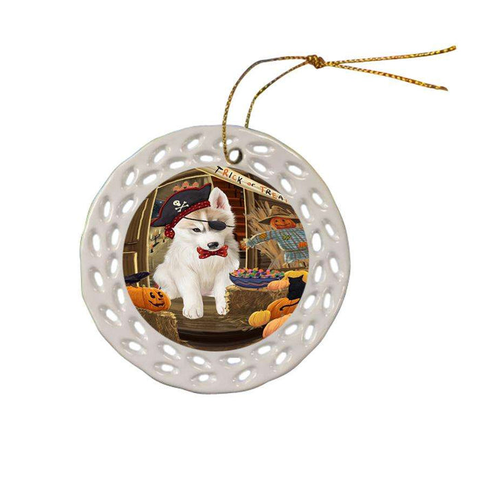 Enter at Own Risk Trick or Treat Halloween Siberian Huskie Dog Ceramic Doily Ornament DPOR53301