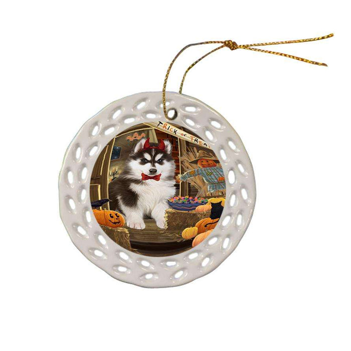 Enter at Own Risk Trick or Treat Halloween Siberian Huskie Dog Ceramic Doily Ornament DPOR53302