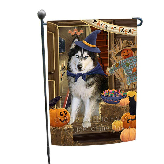 Enter at Own Risk Trick or Treat Halloween Siberian Huskie Dog Garden Flag GFLG53361