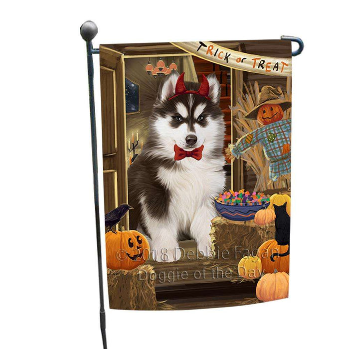 Enter at Own Risk Trick or Treat Halloween Siberian Huskie Dog Garden Flag GFLG53364