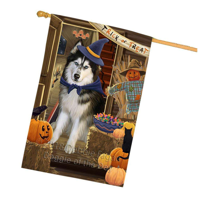 Enter at Own Risk Trick or Treat Halloween Siberian Huskie Dog House Flag FLG53497