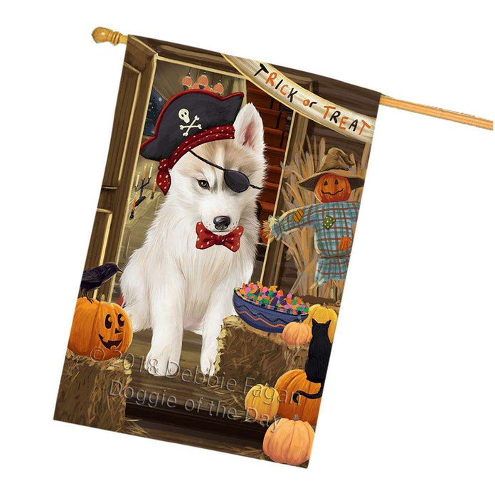 Enter at Own Risk Trick or Treat Halloween Siberian Huskie Dog House Flag FLG53499