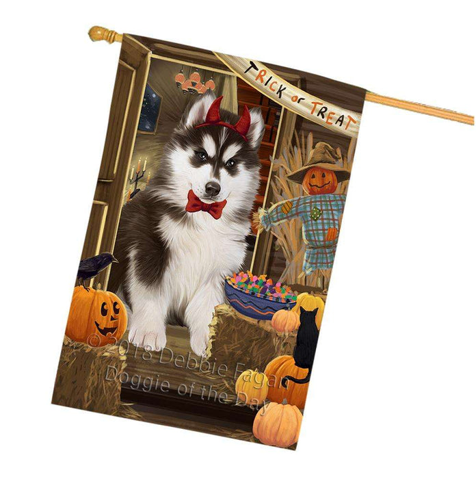 Enter at Own Risk Trick or Treat Halloween Siberian Huskie Dog House Flag FLG53500