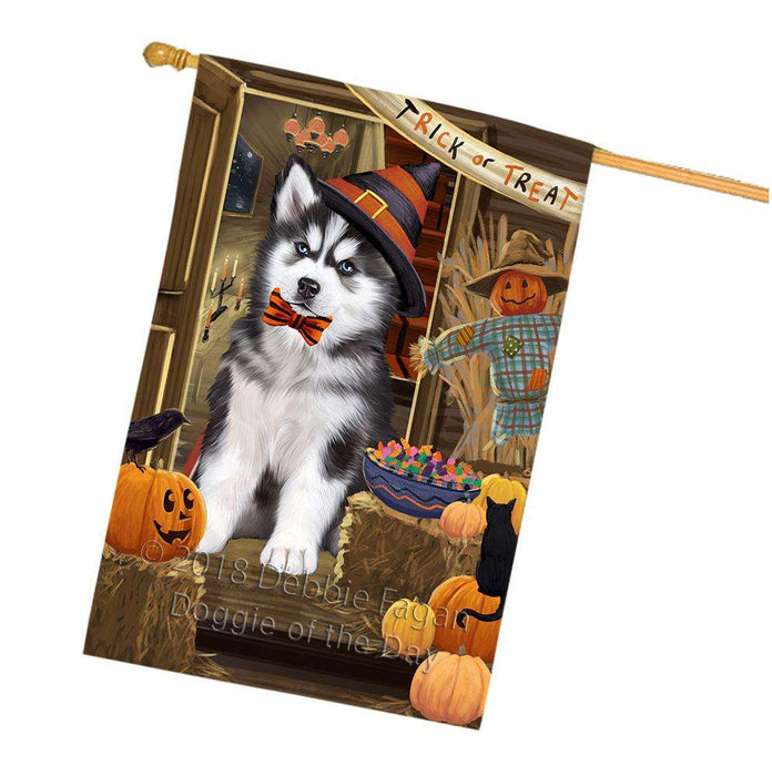 Enter at Own Risk Trick or Treat Halloween Siberian Huskie Dog House Flag FLG53501