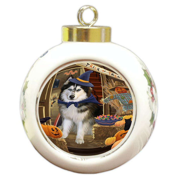 Enter at Own Risk Trick or Treat Halloween Siberian Huskie Dog Round Ball Christmas Ornament RBPOR53299